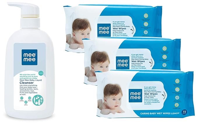 Mee Mee Anti-Bacterial Baby Liquid Cleanser for Fruits, Bottles, Accessories & Toys (500 ml - Bottle & Caring Baby Wet Wipes with Lemon Fragrance (72 pcs/Pack) (Pack of 3) Combo