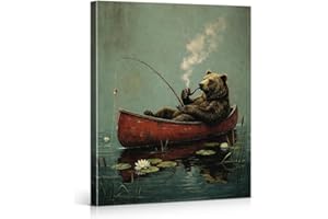 Whimsical Bear Wall Art Print Vintage Bear Fishing Canvas Poster Picture Animal Wall Decor for Home Bar Man Cave 8x10 Inch Fr