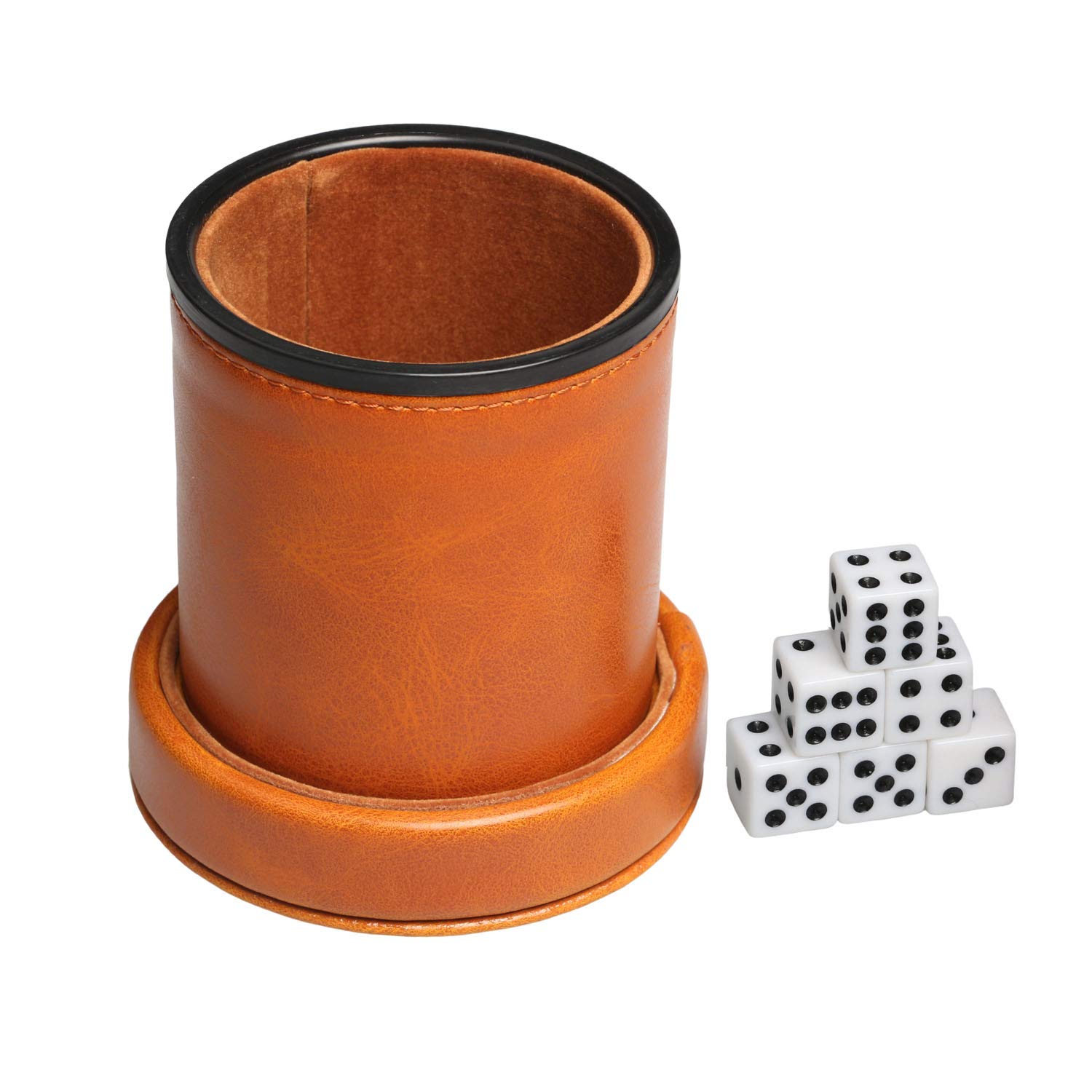 RERIVER Leatherette Dice Cup with Lid includes 6 Dices, Velvet Interior Quiet in shaking for Liars Dice Farkle Yahtzee Board Games, Brown