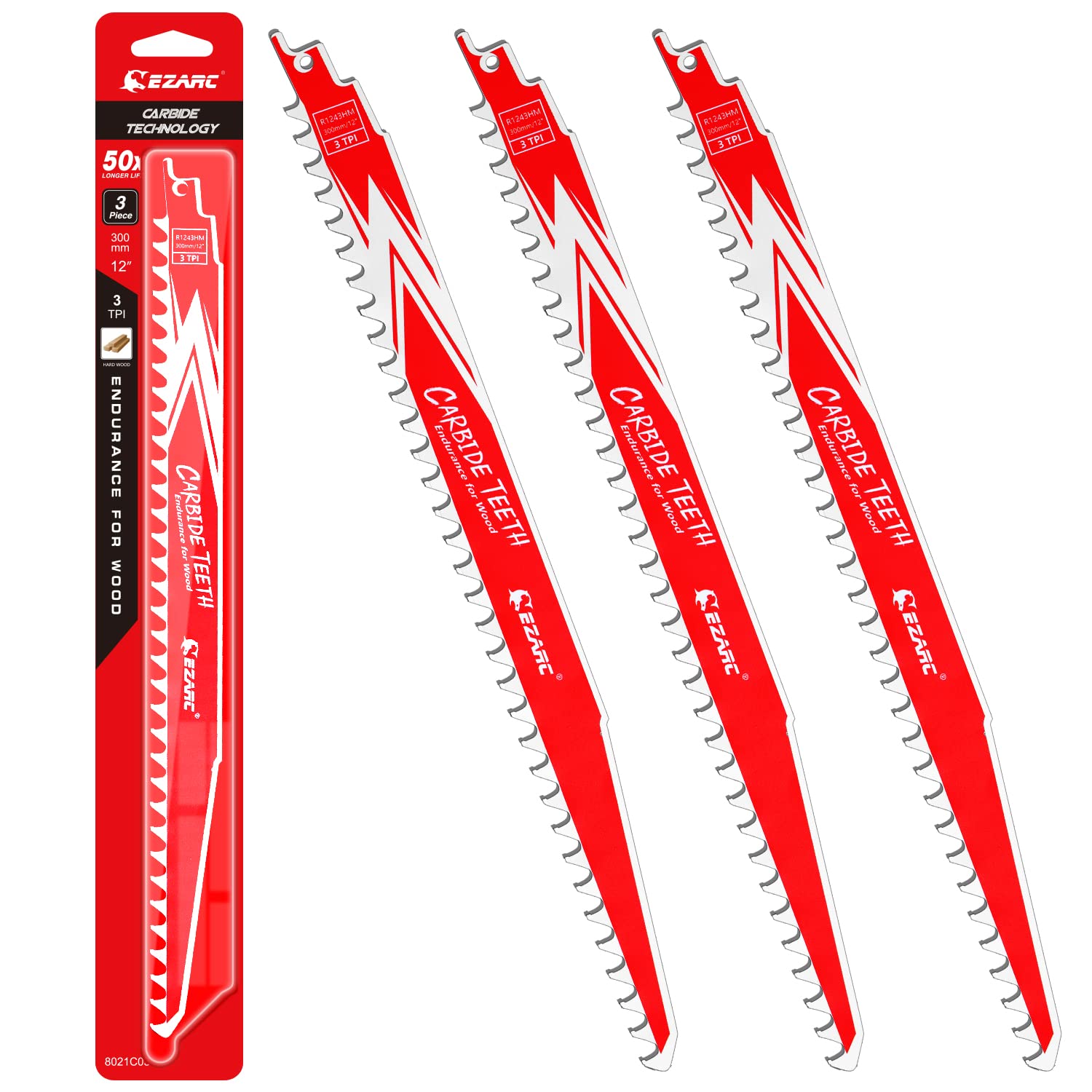 EZARC Carbide Reciprocating Saw Blade R1243HM Endurance for Hard Wood 300mm 3TPI, 3-Pack