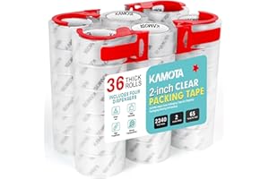 KAMOTA Packing Tape, 36 Rolls Heavy Duty Clear Packaging Tape for Shipping Packaging Moving Sealing, 2 inches Wide, 65 Yards Per Roll, Total 2340 Yards with 4 Dispensers