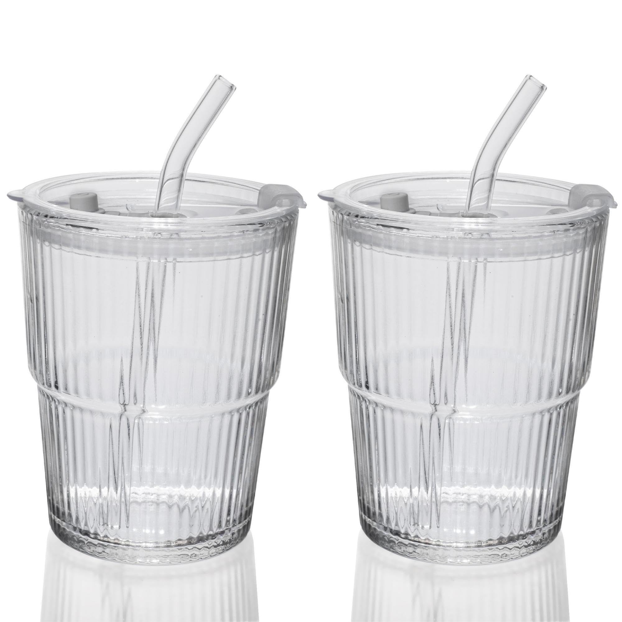 Photo 1 of QWEZXO 13OZ/400ML Ice Coffee Glass Tumbler, Thick Wall Water Glass Cup Mug Tea with Straw and Lid Sealed Carry On ?Clear? 2Pack