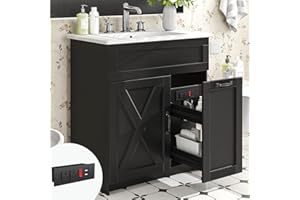 ELEVACHIC 30" Bathroom Vanity with Sink, Farmhouse Bathroom Cabinet, Bathroom Vanity Set with Hair Tool Organizer & Power Outlets, Freestanding Bathroom Vanities with Metal Handle, Black