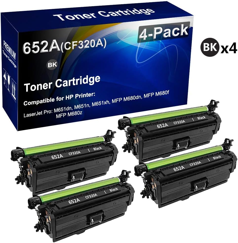 4-Pack (Black) Compatible Laser Printer Cartridge (High Yield) Replacement for HP 652A CF320A Toner Cartridge use for HP Laserjet Pro M651dn, M651n, M651xh, MFP M680dn, MFP M680f, MFP M680z Printer