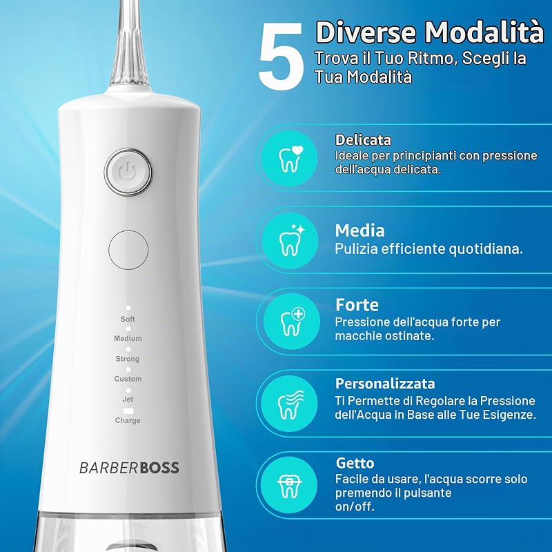 Idropulsore Advanced, 5 modalità di pressione e serbatoio capiente da 340 ml, irrigatore orale impermeabile IPX8, 4 punte a getto e blocco da viaggio, idropulsore portatile QR-7104 (bianco)