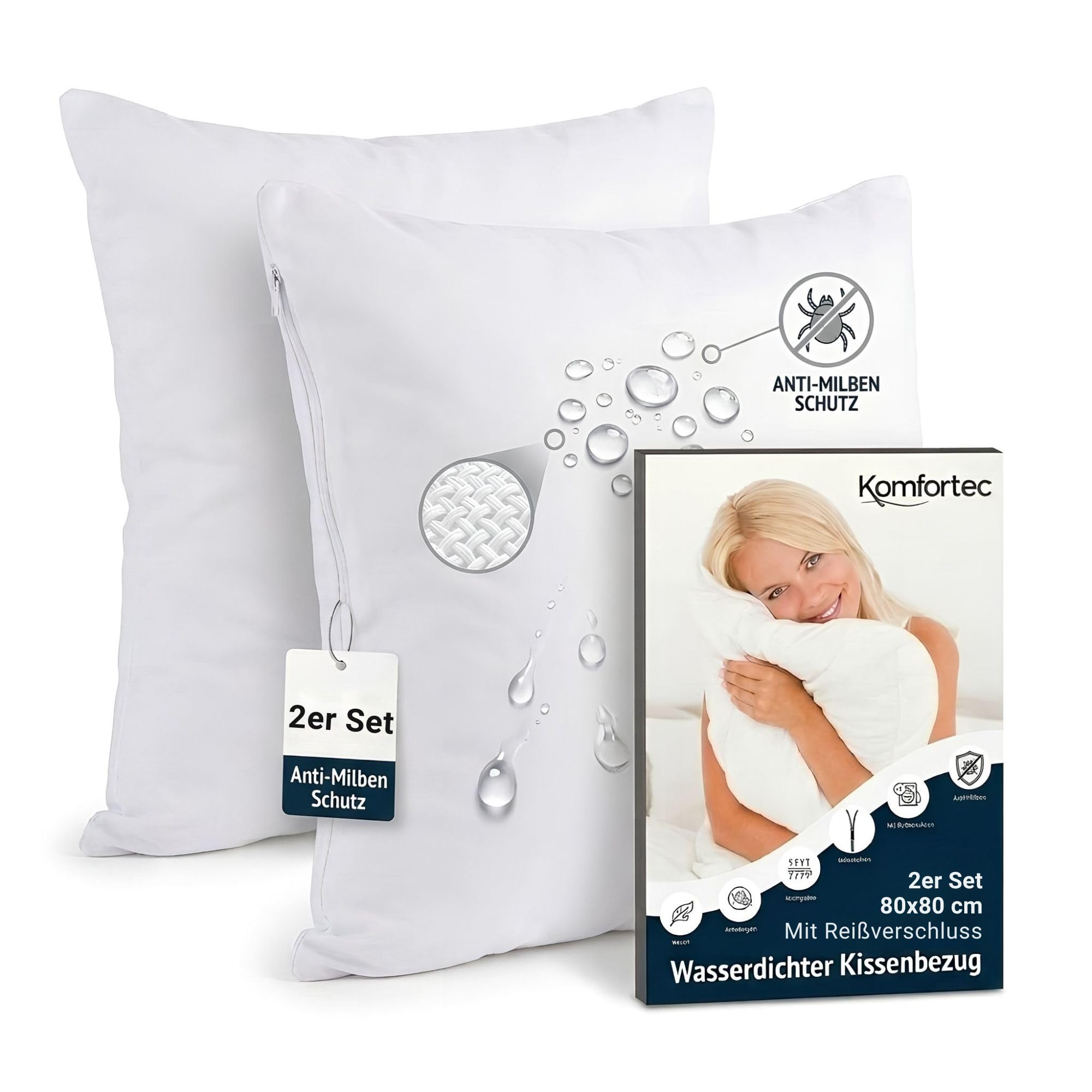 Komfortec Waterproof Cushion Cover 80 x 80 cm Set of 2 With Zip, Breathable, Hypoallergenic Pillowcases, Anti-Mite Pillow Protectors, White