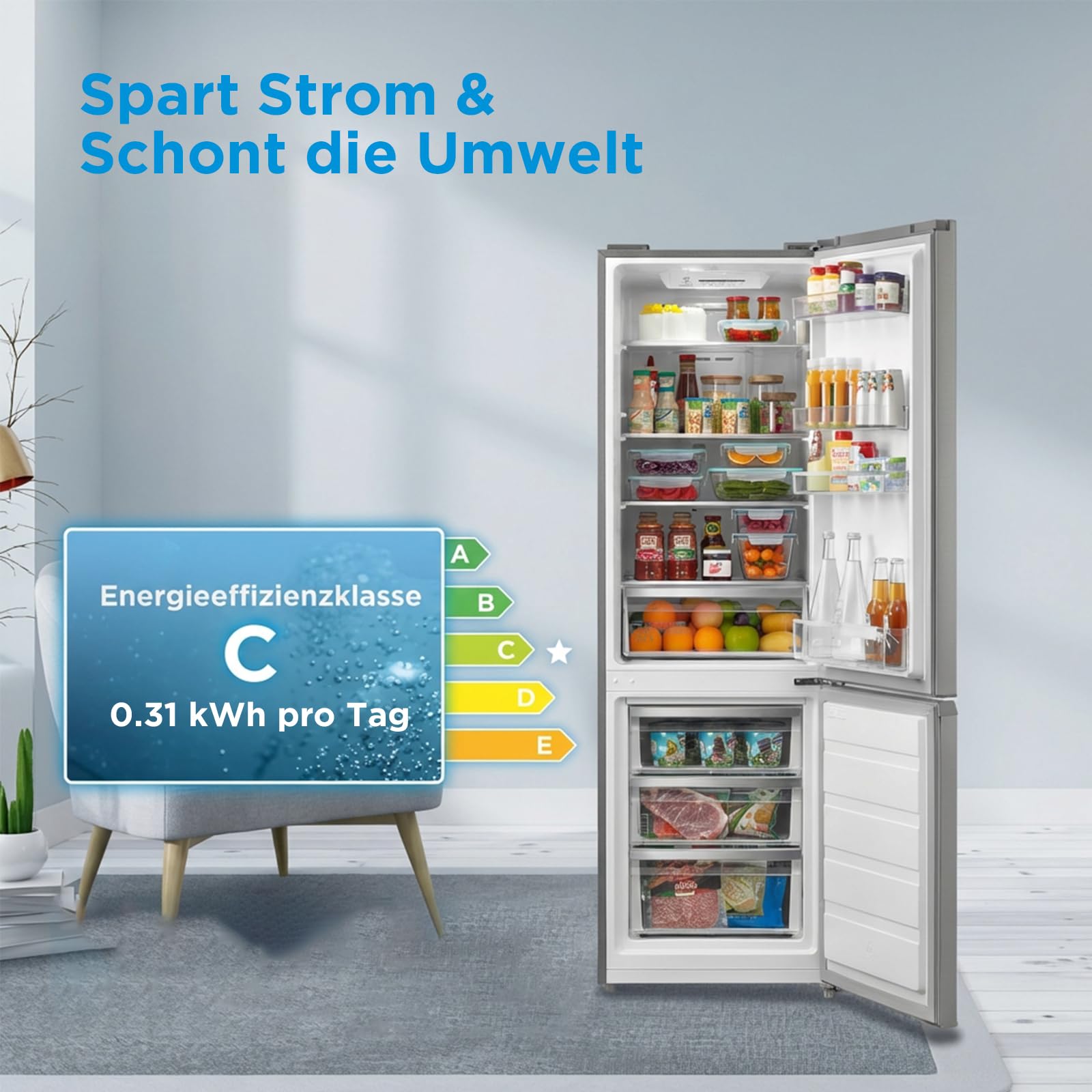 Midea Kühl-Gefrierkombination |270L Kühlschrank mit Gefrierfach | NoFrost, Inverter Kompressor, Super-Kühlfunktion, Multi-air Flow| Leise 38 dB, 140 kWh/Jahr | 180 cm Höhe, ‎Bru-stahl, MERB276FGC46EU 4