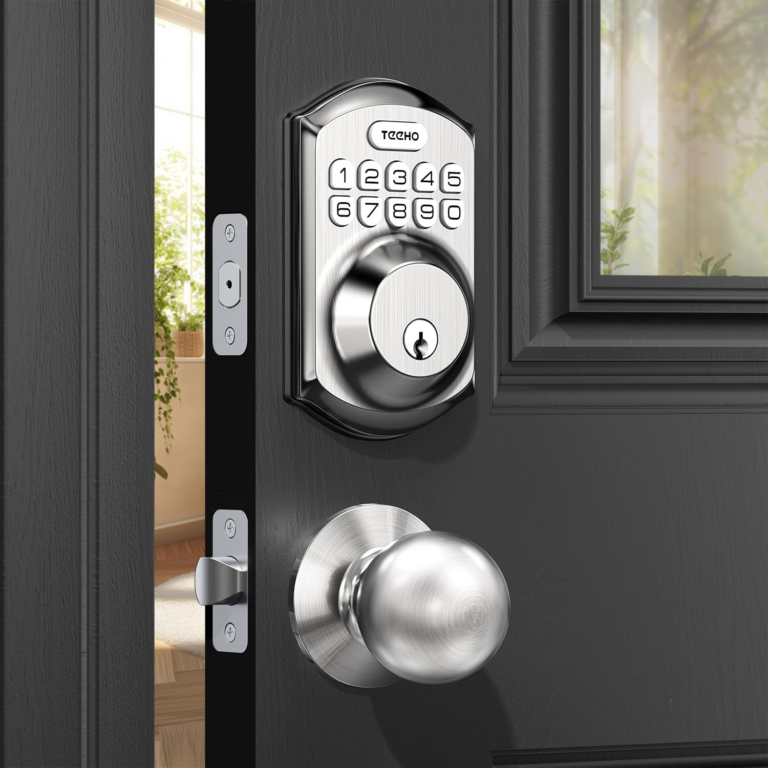 Photo 1 of TEEHO TE001K Keyless Entry Door Lock with Handle, Electronic Keypad Deadbolt with 2 Knobs, High-Security Front Door Handle Set for Home & Rental, Smart Auto-Locking, Easy Install, Satin Nickel