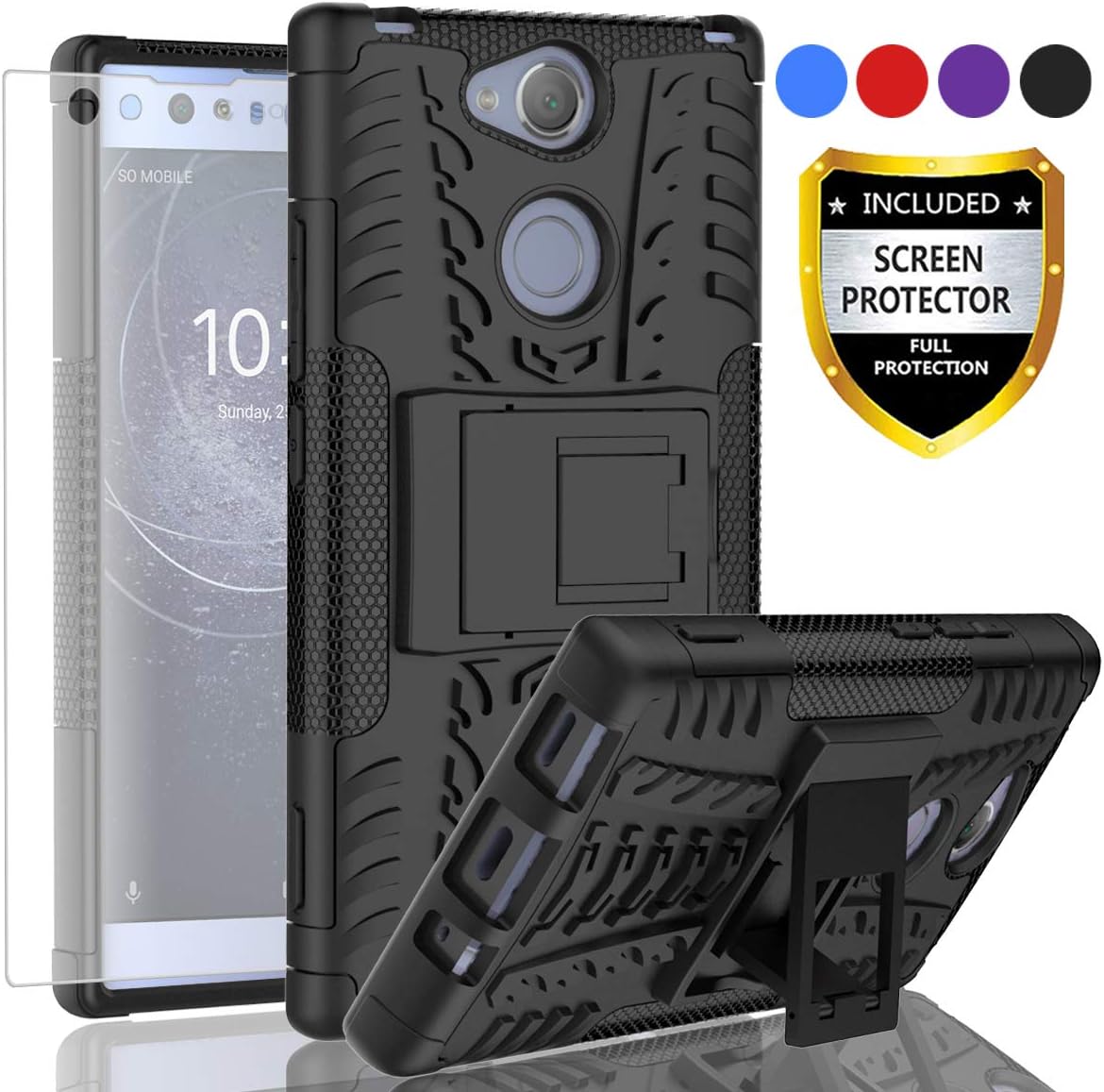 AYMECL Xperia XA2 Ultra Phone Case,Xperia XA2 Ultra Case,Tire Pattern Design Heavy Duty Dual Layer Shock Resistant Armor Kickstand Cover with HD Screen Protector for Xperia XA2 Ultra-HN Black