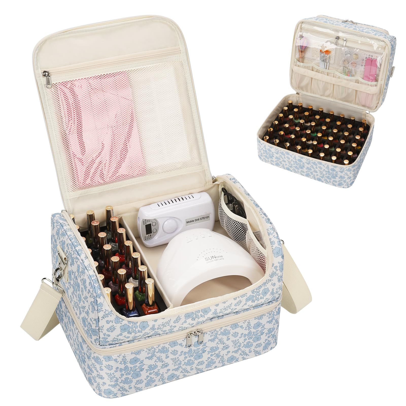 Photo 1 of Nail Polish Organizer, Nail Supplies Storage Case Holds 69 Bottles Nail Polish & Nail Lamp, Travel Nail Tech Carrying Bag, Nail Kit Bag for Nail Stuff & Manicure Tools (Floral Blue, 69 Slots)