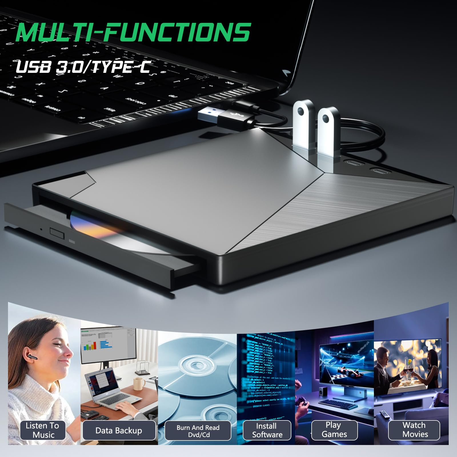 External CD/DVD Drive for Laptop, 7-in-1 CD Burner USB 3.0 and Type-C Portable DVD Burner CD ROM DVD Player Portable CD Reader Compatible with Latptop PC Windows XP/7/8/10, Linux Mac OS