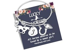 Anoup Horse Gifts for Girls - Horse Stuff, 14K White/Rose Gold Plated Stainless Steel Bracelets | Initial Heart Pearl Horseshoe Bracelet | Birthday Day Gifts for Horse Lovers