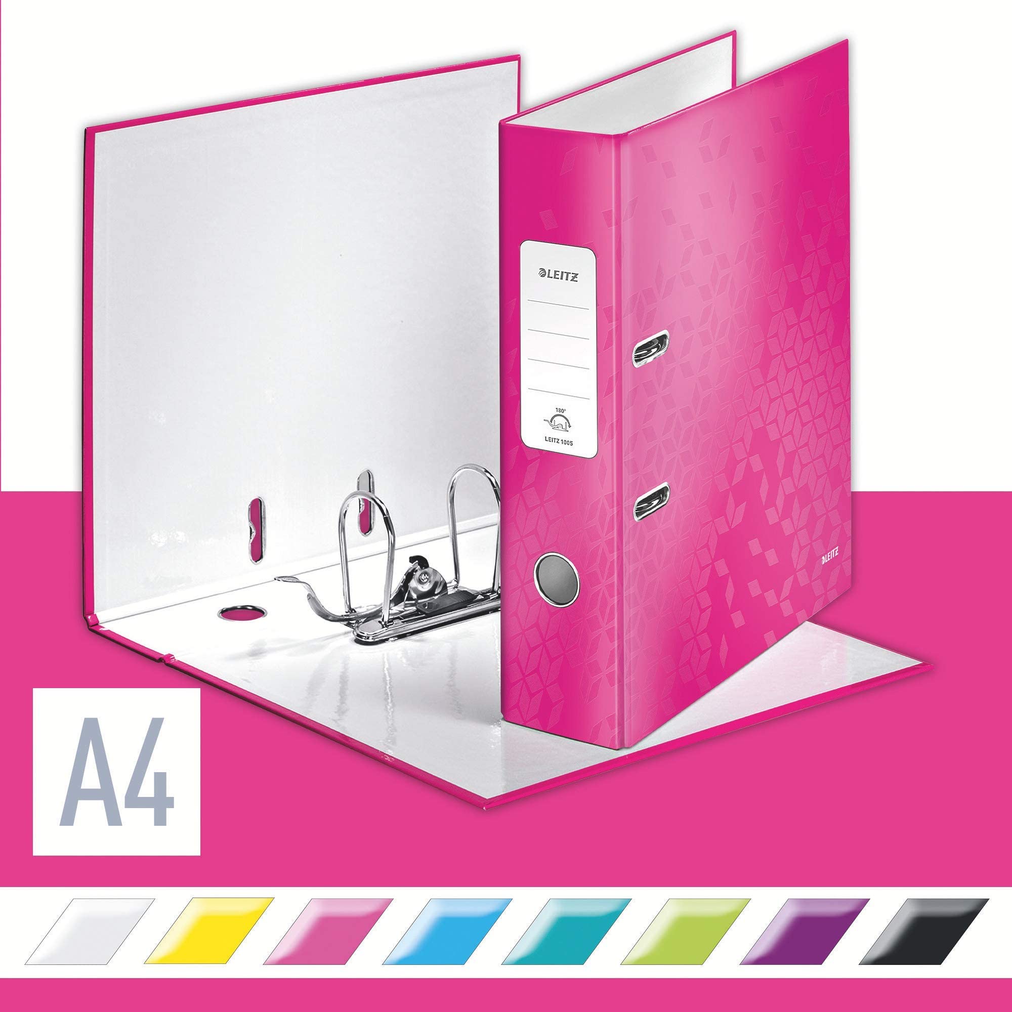 Leitz 291618 Lever Arch File, Pack of 10, Metallic Pink, A4, 80mm Spine, WOW Range