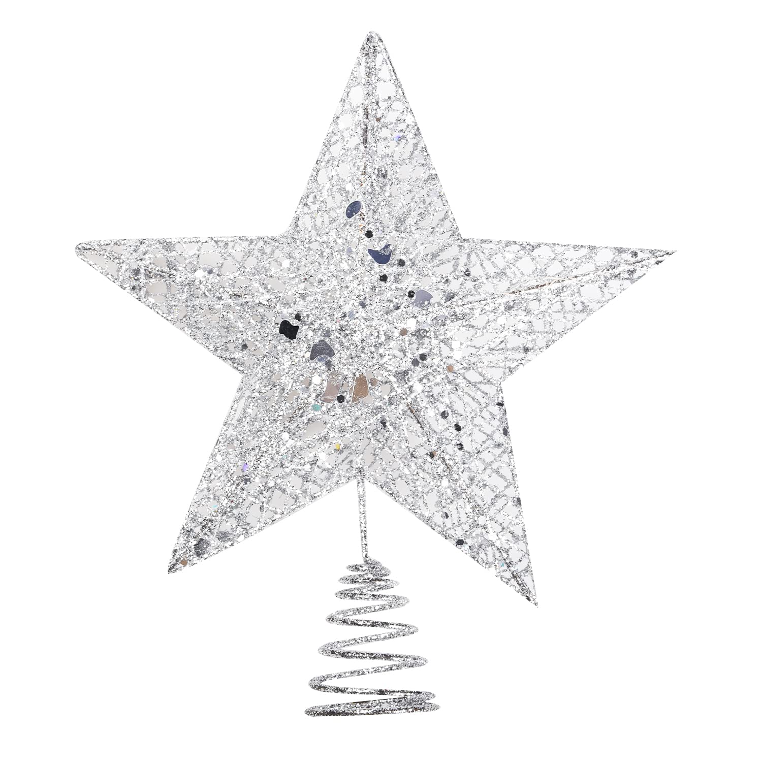 Jomnvo Silver Metal Christmas Tree Topper Glittered Christmas Treetop Hallow Wire Star Topper for Christmas Party Home Decoration, 8 Inch