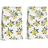 2 Pcs Rustic Lemon Kitchen Towels, Summer Flower Decorative Absorbent Microfiber Dish Cloth Tea Towel, Waffle Soft Hand Towels for Farmhouse Home Bathroom Kitchen Decor, Lemon Gifts