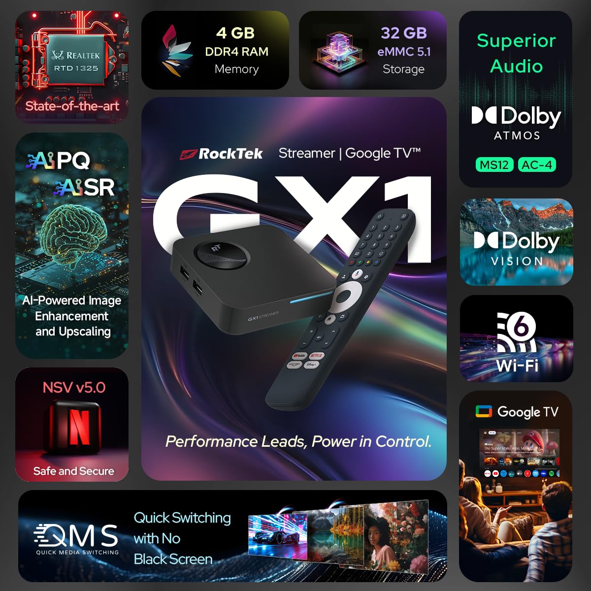 RockTek GX1 UHD Streamer - Google TV 4K UHD Streaming Player, HDR, Dolby Vision & Atmos, Wifi6 - AISR, AIPQ, QMS - Realtek RTD1325 Chip - Voice Remote, Live TV, Google Cast, Smart Home Control