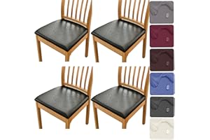 HFCNMY Seat Covers for Dining Chairs, Stretch Waterproof PU Dining Chair Seat Covers Set of 4, Removable Dining Room Chair Seat Covers Washable Kitchen Chair Seat Covers with Elastic Bands (Black)