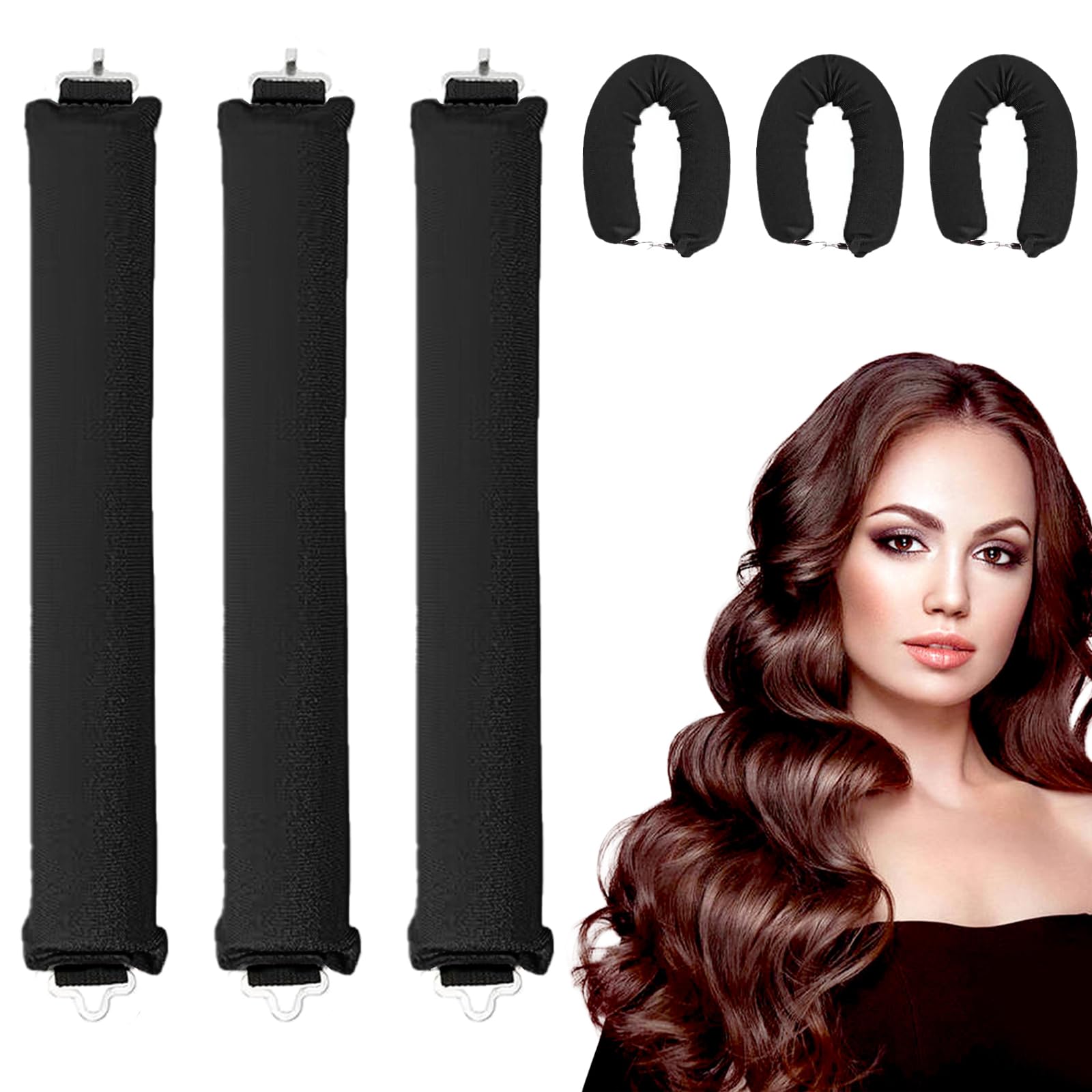 KEYRI 3 PCS Heatless Curlers Set, Heatless Curling Rods Overnight Hair Curlers Soft Hair Roller Rods with Hook No Heat for Sleeping (Black)