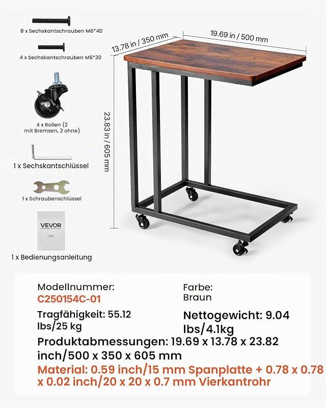 Beistelltisch Kaffeetisch mit Metallrahmen rollbar, C-förmiger Couchtisch für Wohnzimmer Schlafzimmer Büro 500 x 350 x 605 mm TV-Tablett, Wohzimmertisch Sofatisch Braun und Schwarz