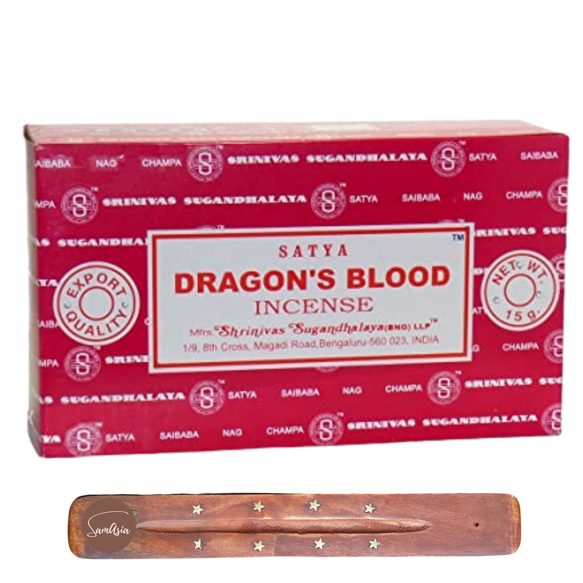 Satya Nag Champa Dragons Blood Incense Sticks | x12 pack | with SAMASIA incense sticks holder | Used for Dromatherapy, Spa, Yoga, Weddings, Meditation, Healing, Positivity and Relaxation — image 1