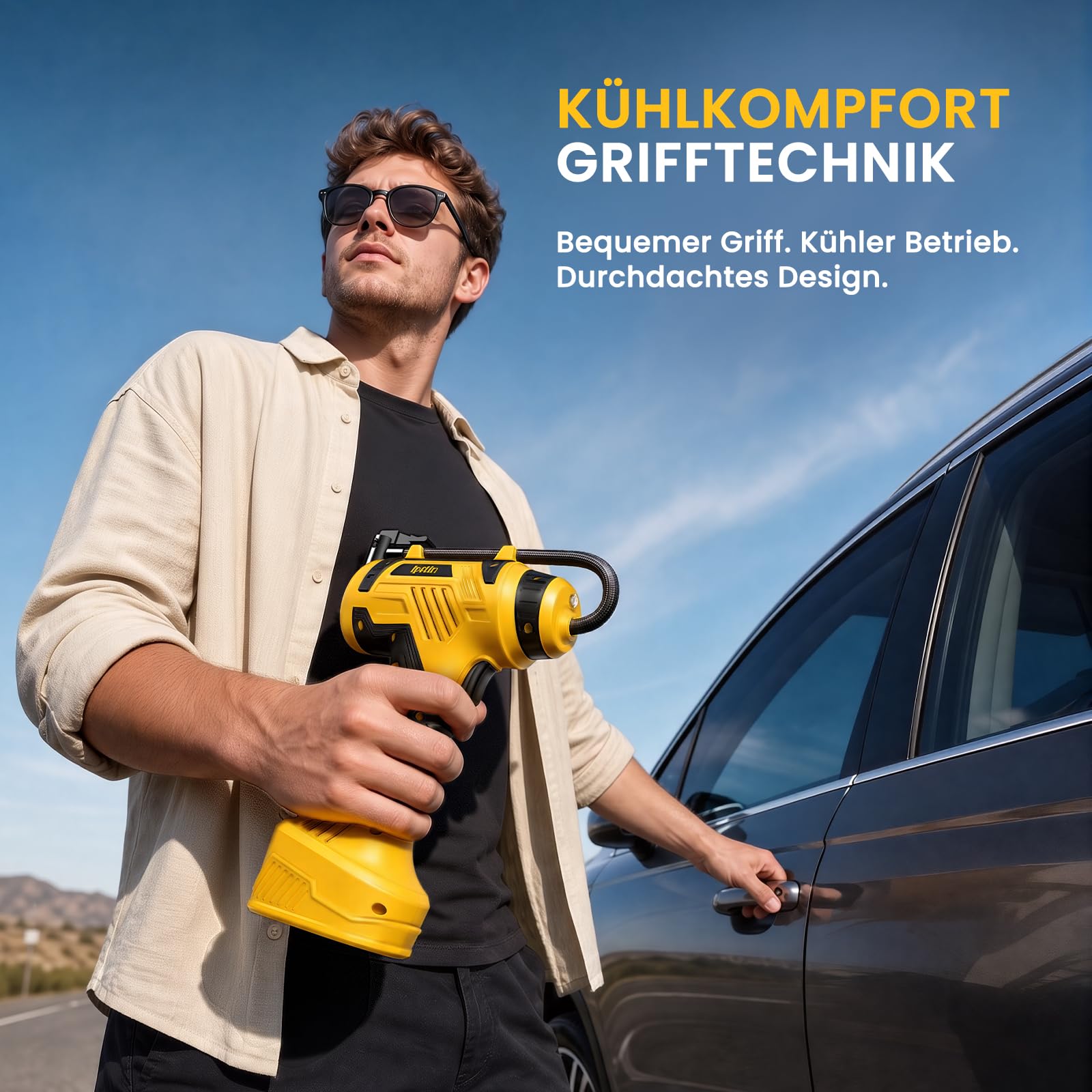 Ipflin Elektrische Auto Luftpumpe Akku Fahrradpumpe - Tragbare Luftpumpe Fahrrad 150PSI - 22L/min Akku Kompressor mit LED-Anzeige/Licht - 4 Voreingestellte Modi für Auto/Fahrrad/Motorrad/Ball 5