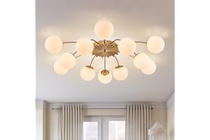 Longree 38.1 in. 12-Light Mid Century Modern Sputnik Chandelier Gold Semi Flush Mount Ceiling Light, Opal Glass Bubble and Blossom Accent Milk Glass Bubble Lighting Fixture for Dining Living Entry