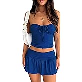 Women Sexy Summer 2 Piece Sets Drawstring Ruched Crop Tube Top Low Rise Ruffle Mini Skirts Sets Y2k Outfits