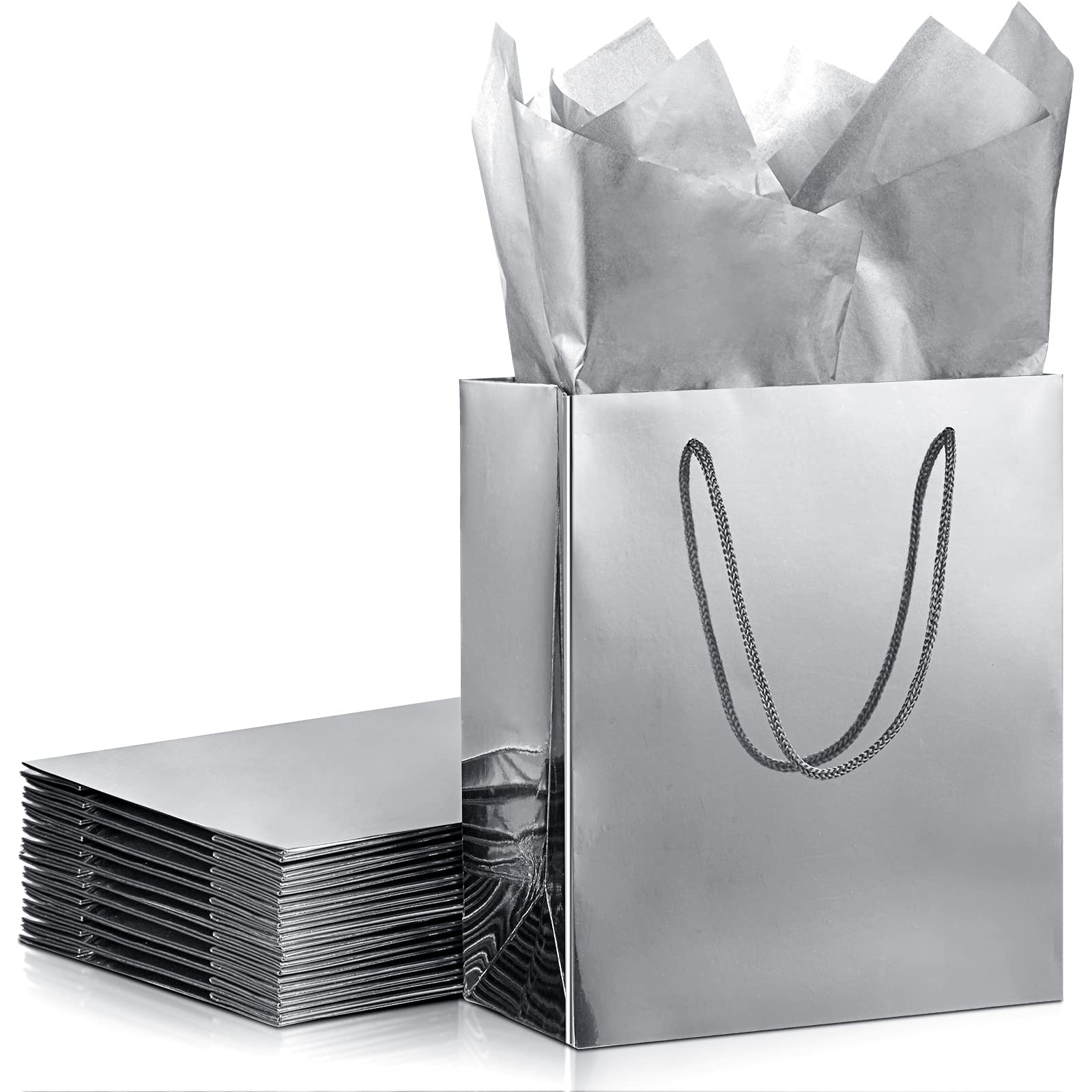 Photo 1 of **PARTIALLY NEW/PARTIALLY USED** TaoBary 12 Pcs Silver Gift Bags with Tissue Paper and Handles 9 x 8 x 4 Inch Medium Metallic Tote Bags for Wedding Shopping Birthdays Baby Shower Party Favors