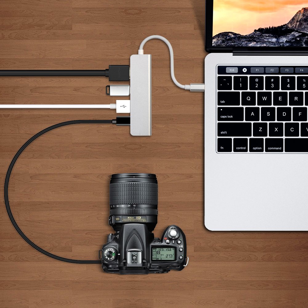 USB-C Hub, Type-C Adapter To HDMI,3 USB 3.0, Portable Aluminum USB C Dongle For MacBook Pro 2018/2017/2016 Chromebook Pixel, DELL XPS13 (Silver)