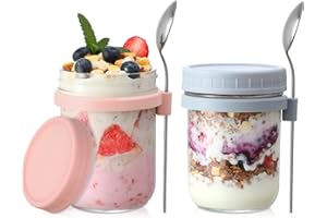 LANDNEOO 2 Pack Overnight Oats Containers with Lids and Spoons, 16 oz Glass Mason Jars for Overnight Oats, Large Capacity Airtight Jars for Milk, Cereal, Fruit (Pink+Grey)