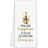 Funny Champagne Kitchen Towel, Waffle Weave Hand Towel with Friends Bring Happiness Quote, Absorbent Decorative Dish Towel for Kitchen & Bar, Gift for Housewarming, Hostess 16x24 Inch
