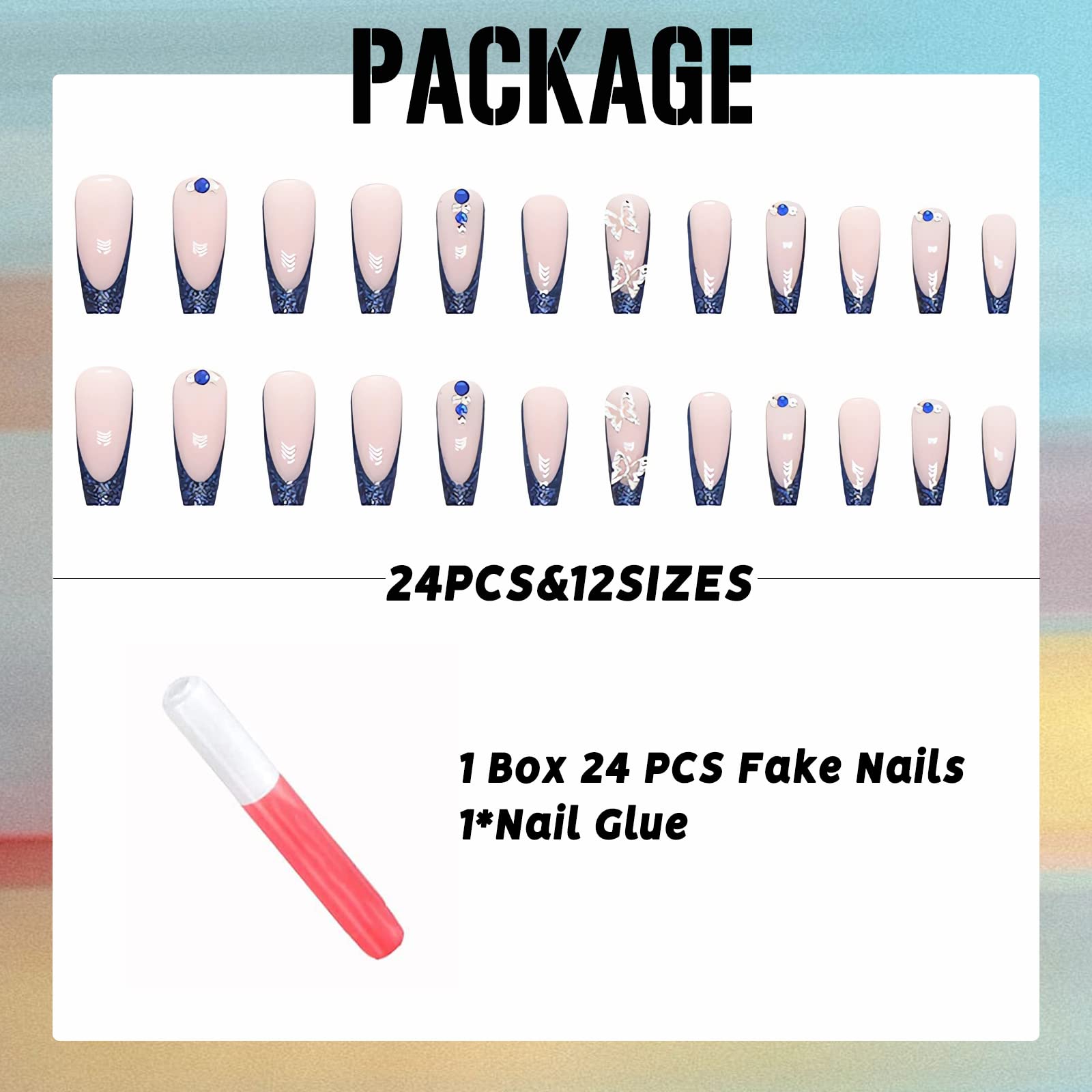 IMSOHOT Long Press on Nails Coffin French Tip Fake Nails Blue Butterfly Rhinestone False Nails with Designs Full Cover Acrylic Nails Glossy Glitter Glue on Nail for Women 24pcs - Image 5