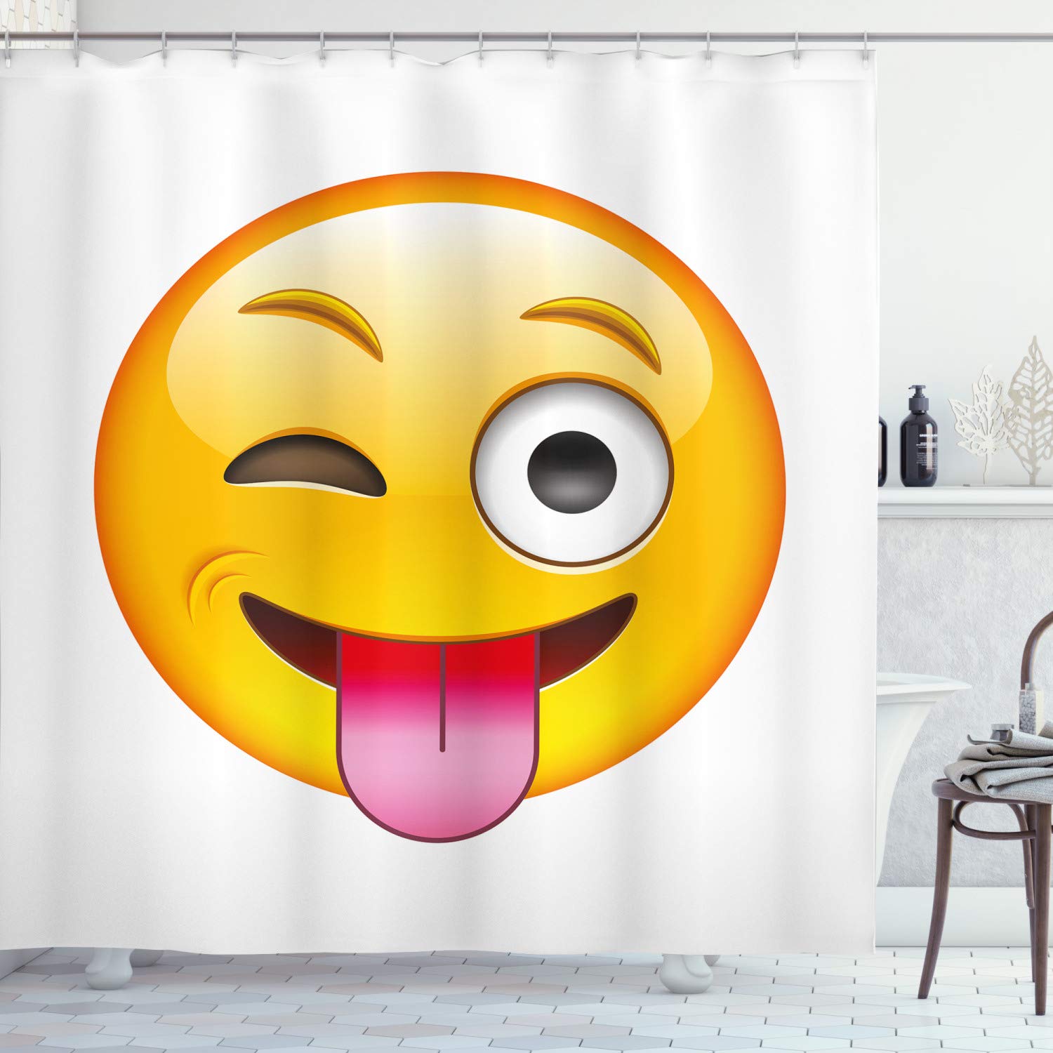 ABAKUHAUS Emoticon Shower Curtain, Cartoon Flirty Funny Face, Cloth Fabric Bathroom Decor Set with Hooks, 70 Inches, Yellow