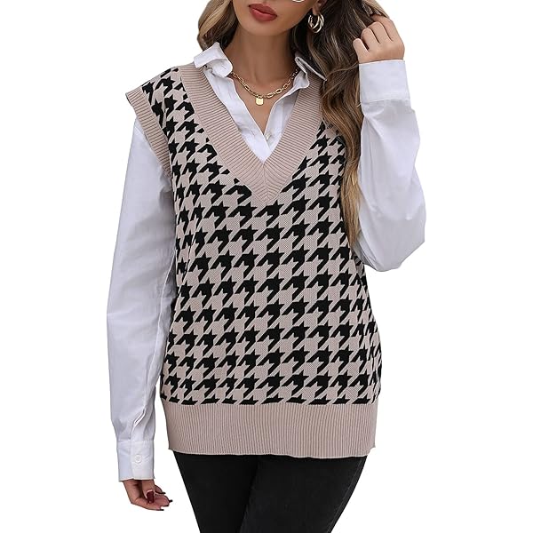 Sleeveless Knit Top Fall Winter Houndstooth Vest Loose Fit