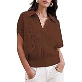 Cakulo Spring Summer Crochet Tops for Women 2025 Crop Knit Short Sleeve Polo V Neck Collared Sweater Top Rust Red L