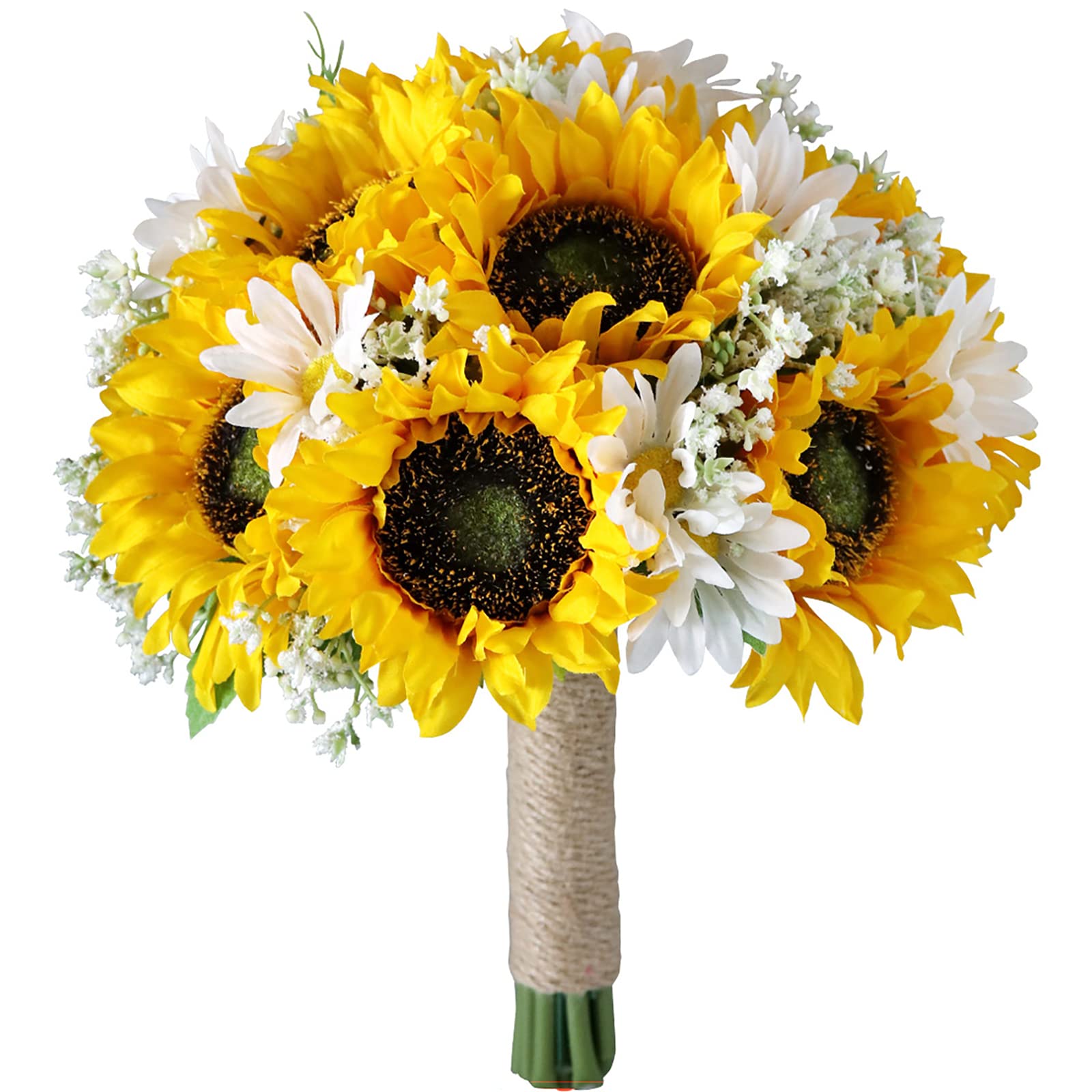 Photo 1 of Artificial Sunflower Bouquet for Wedding Bridal Holding Flowers Fake Silk Sunflower with White Small Daisy Flower for Bride Bridesmaid Wedding Party Ceremony Table Centerpieces Decorations Yellow