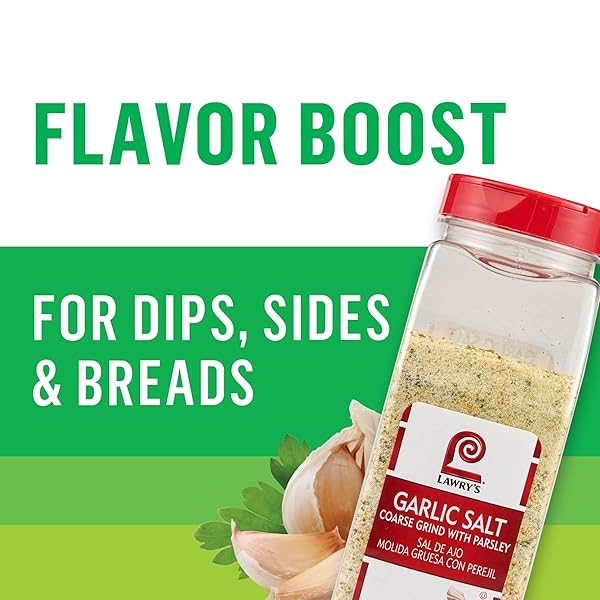 LAWRY’S COARSE GRIND GARLIC SALT WITH PARSLEY, 28 OZ – ONE 28 OUNCE CONTAINER OF GARLIC SALT AND PARSLEY SEASONING FOR BEEF, POULTRY, STIR-FRY AND PASTA