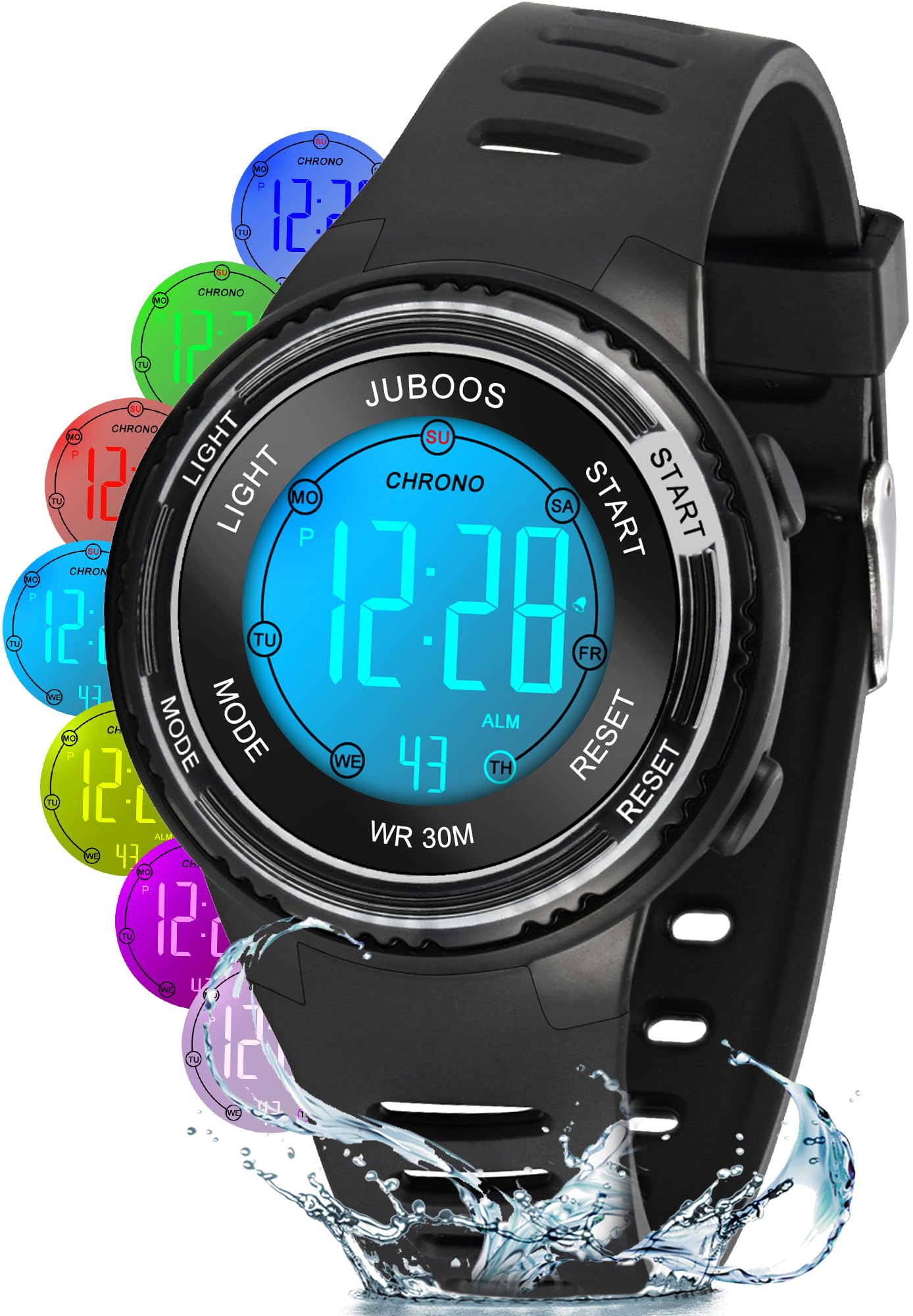 Juboos Digital Sports Watch for Children, 7 Colours with LED Light, Waterproof Alarm Stopwatch Wristwatch for Boys and Girls from 5 to 18 Years, Black/White, Modern