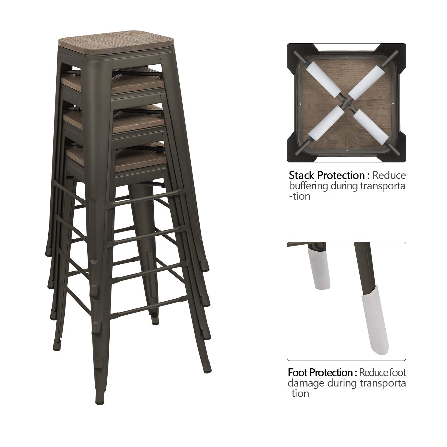 Devoko Metal Bar Stool 30'' Indoor Outdoor Stackable Barstools Modern Industrial Square Wood Top Bar Stools Set of 4 (Gun)