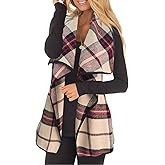 YACUN Women Plaid Vest Lapel Open Front Sleeveless Jacket Outerwear Cardigan with Pockets