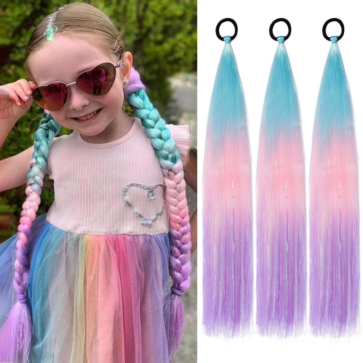 PORSMEER 3 Pcs Rainbow Hair Extensions With Elastic Tie,3 Tone Mermaid Hair for Braiding Crochet,Synthetic Braided Ponytail Extension for Women,Glitter Hair for Festival/Party (Blue/Pink/Purple) โ image 1
