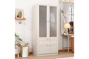 Homsee 31.5”L Armoire Wardrobe Closet with Frosted Glass Doors, Hanging Bar & 2 Drawers, Warm Grey Wooden Closet Storage Cabinet for Bedroom
