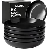 MIAMIO &ndash; 30 Oz Set of 6 Pasta Bowls/Salad Bowls, Pasta Plates Wide and Shallow Bowl, Large Ceramic Stoneware Deep Plate Serving Soup, Microwave and Dishwasher Safe - Le Papillon Collection (Black)