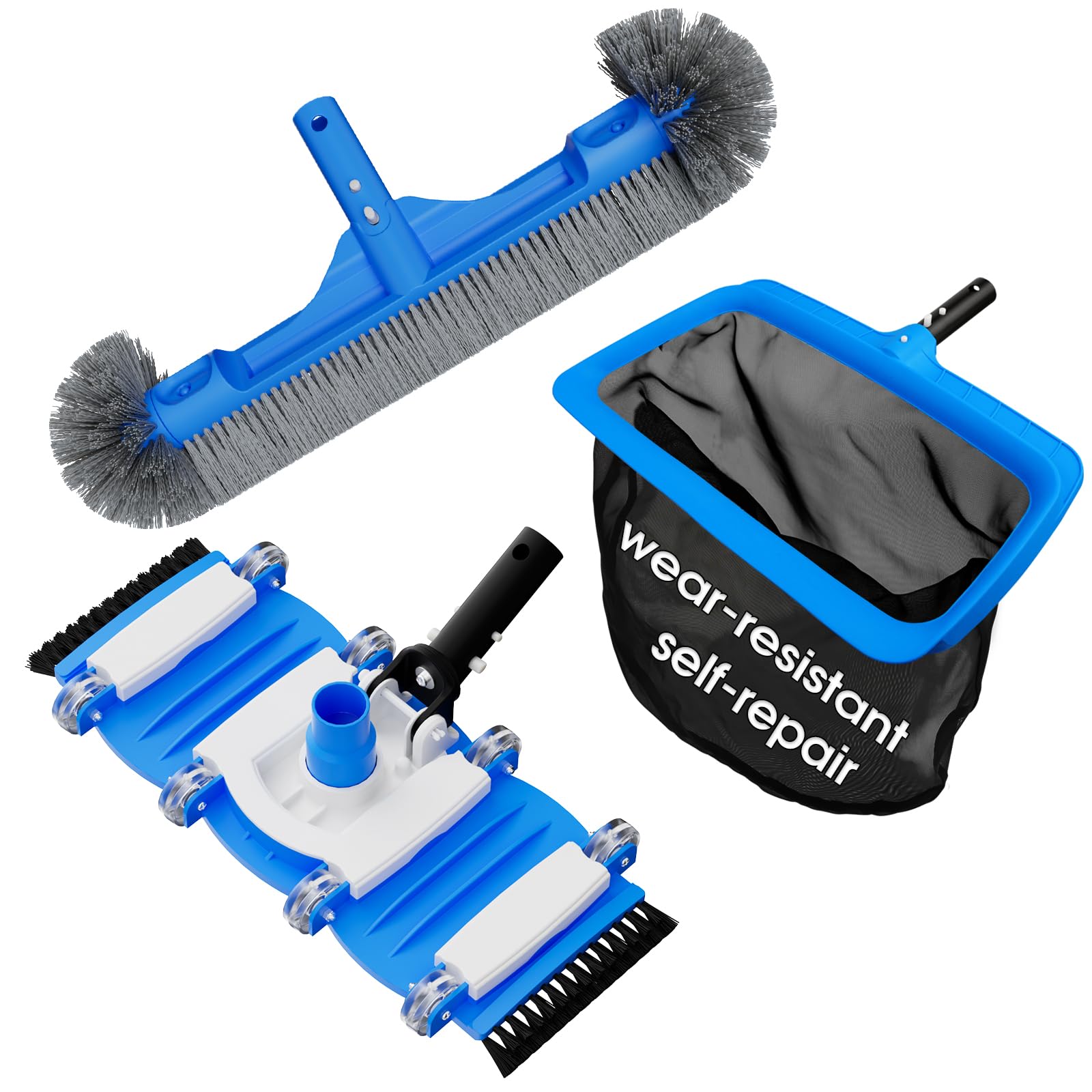 Photo 1 of TidyMister 3-in-1 Pool Cleaning Kit Full Set - 18in Rounded End Pool Brush & Ergonomic Pool Vacuum Head with Wheels& Pool Nylon Net Fine Mesh for Above Ground In-ground Pools, Spas, Hot Tubs