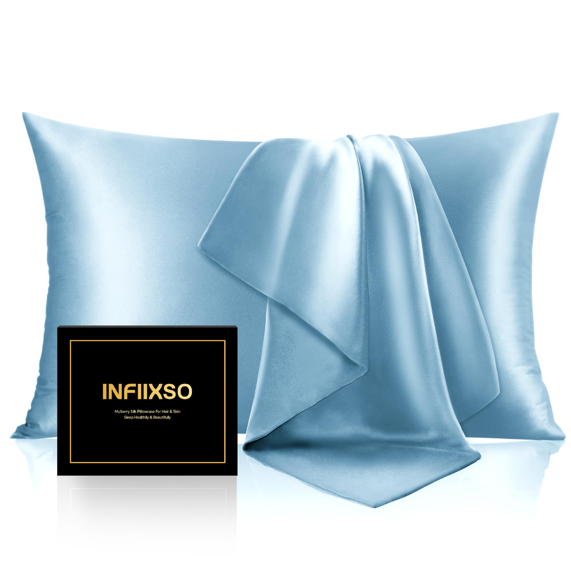 INFIIXSO Mulberry Silk Pillow Cases King Size - Hidden Zipper, Light Blue