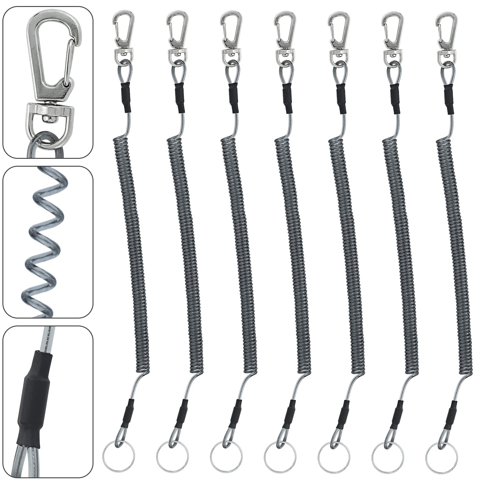 BB Hapeayou Fishing Lanyard (7Pcs) Heavy Duty Retractable Coiled Tether with Carabiner and Split Ring for Pliers/Boating/Tools(Style 1)