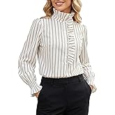 GORGLITTER Women's Striped Ruffle Blouse Button Down Mock Neck Shirt Long Sleeve Dressy Casual Work Office Shirts