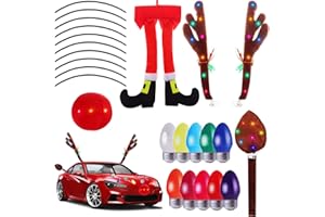 PINKXHY Christmas Reindeer Antlers Car Kit with LED Lights,Xmas Hanging Santa Claus Legs and Reindeer Nose with Car Refrigerator Reflective Bulb Light Auto Accessories for Christmas Car Decorations