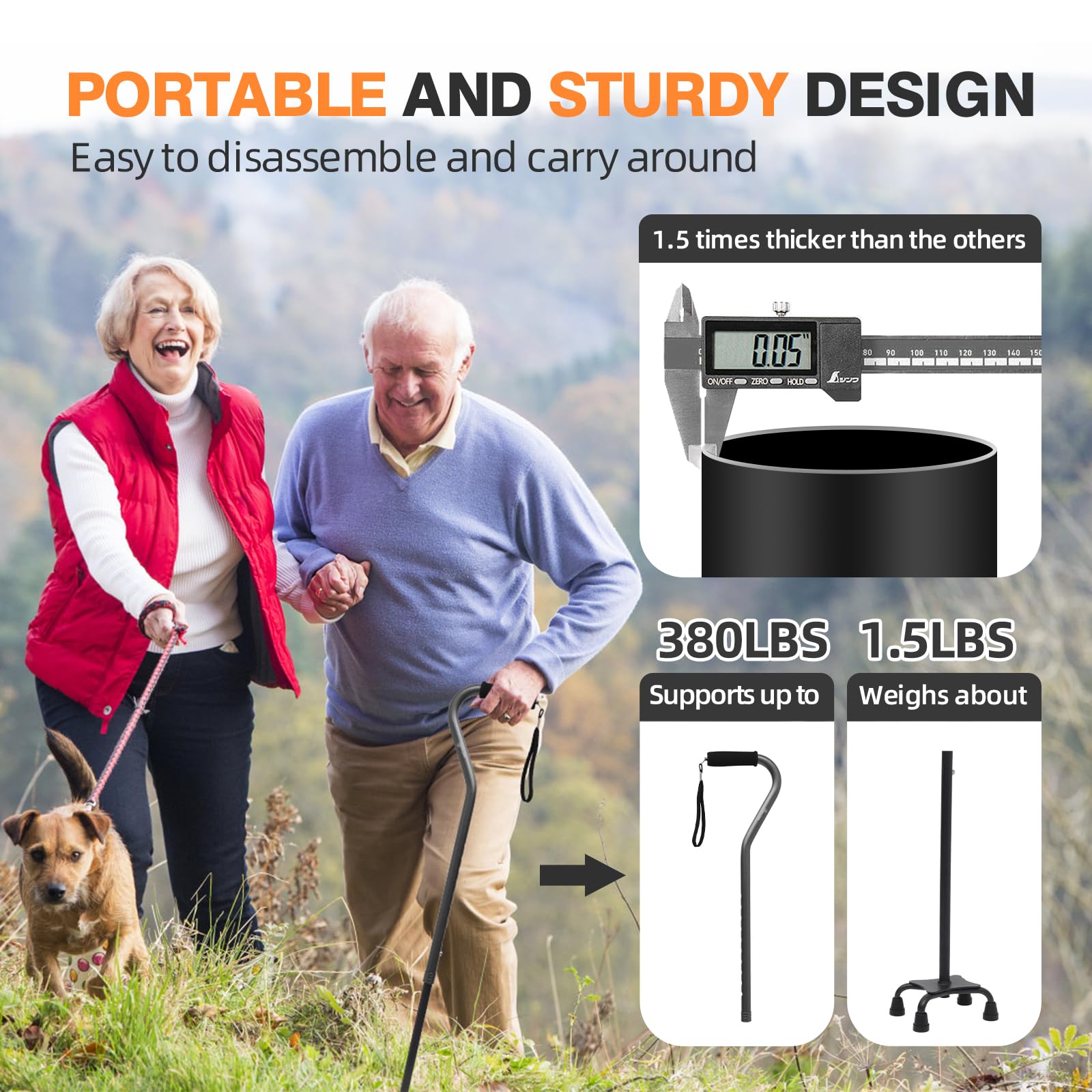 BeneCane Quad Cane Adjustable Walking Cane with Offset Soft Cushioned Handle for Men & Women Lightweight Comfortable with 4-Pronged feet for Extra Stability