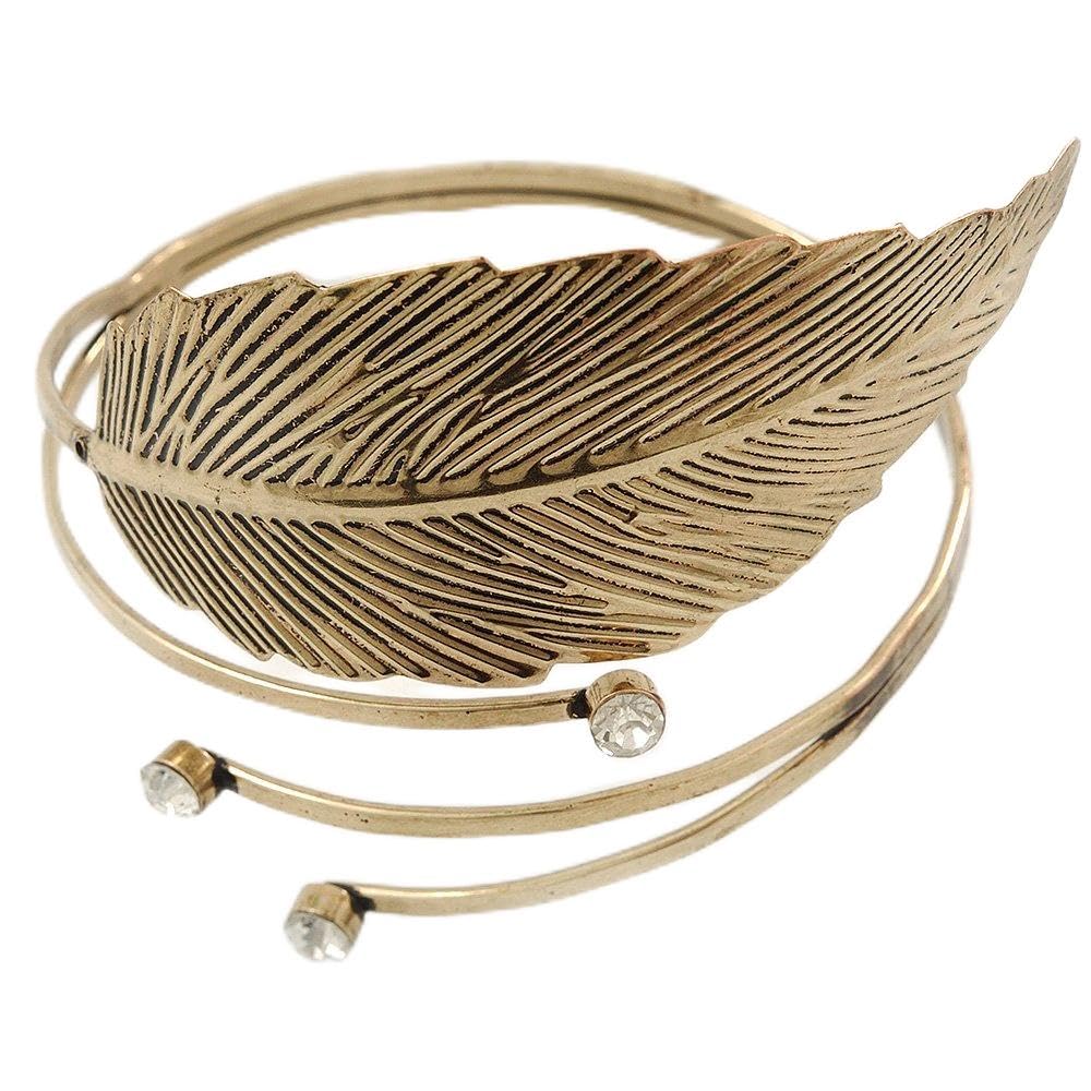 Avalaya Vintage Inspired Hammered, Crystal Leaf Upper Arm, Armlet Bracelet In Antique Gold Tone - Adjustable